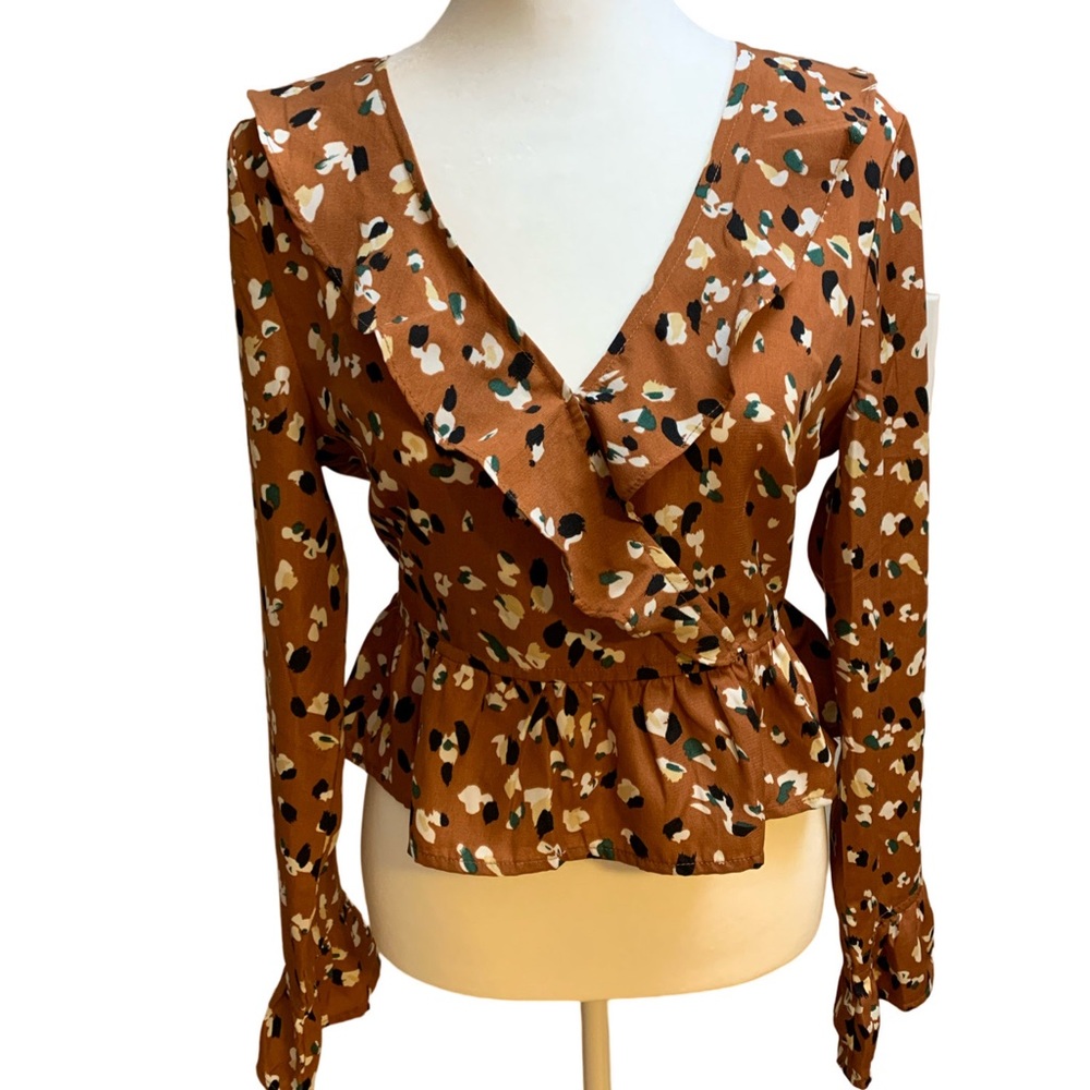 Wild Honey Ruffle Top Brown Print Wrap Front Bell Sleeves Sz M Romantic Boho